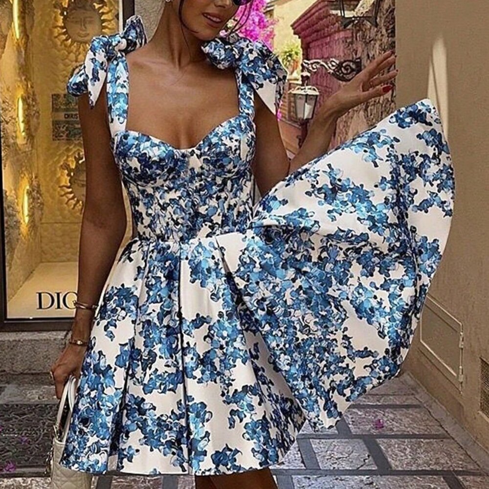 Multicolor Euro Womens Sexy Floral Print Tie Waist Backless Halter Mini Dress - Picture 8 of 11
